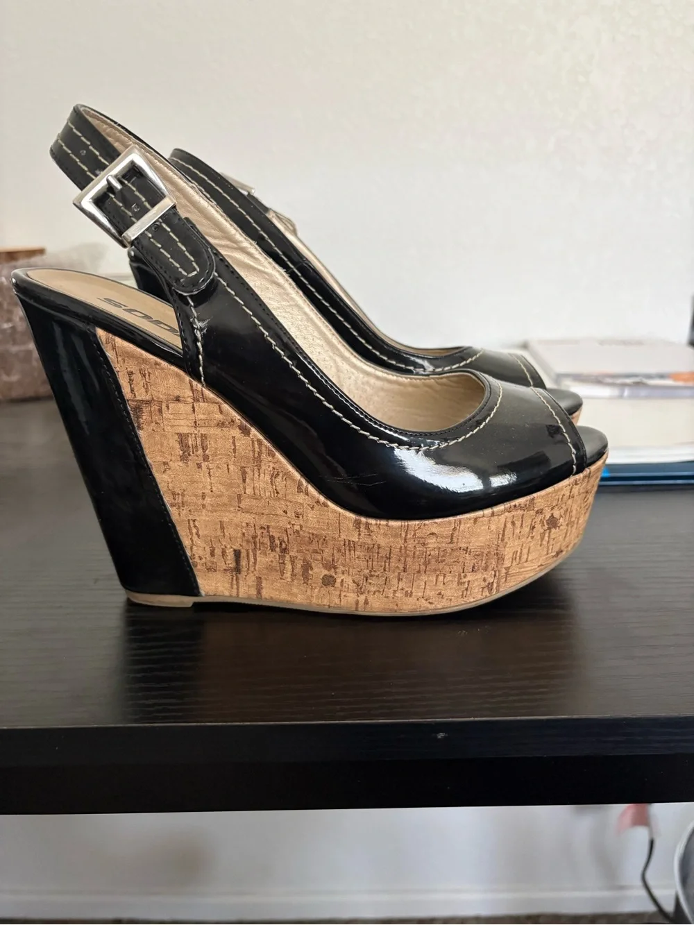 SODA Black Patent Peep-Toe Slingback Wedges